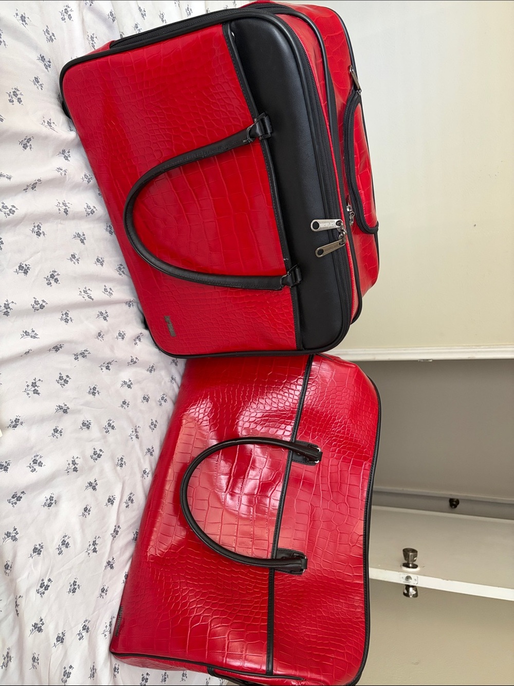 Red Faux-Croc Weekender Tote Bag, Matching Red Faux- Croc Luggage Traveler